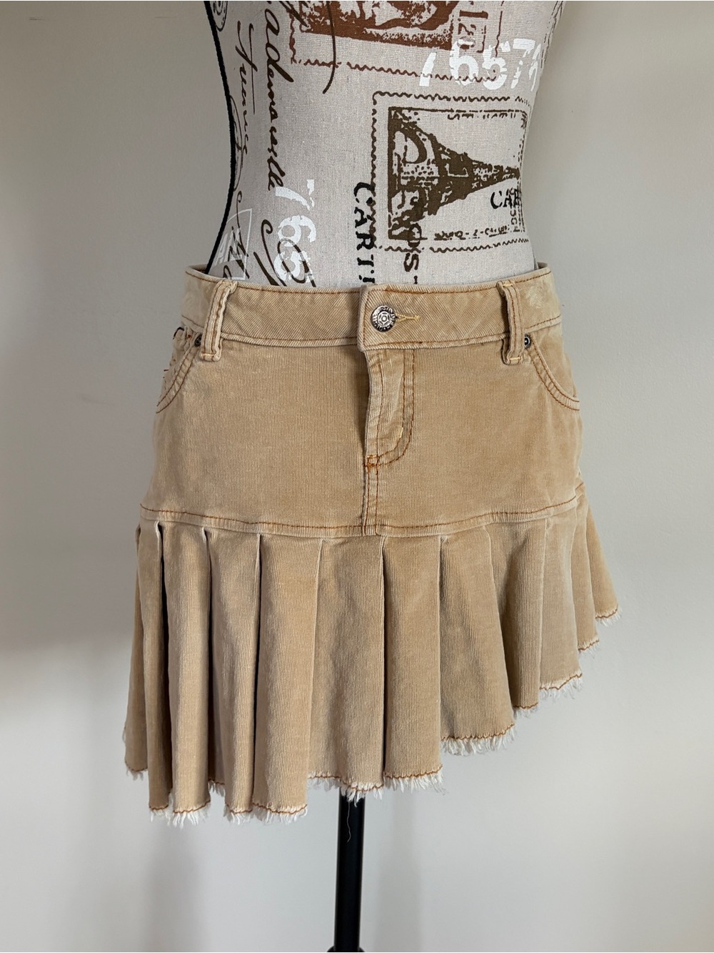 Y2K dish denim tan corduroy low rise asymmetrical pleated mini skirt